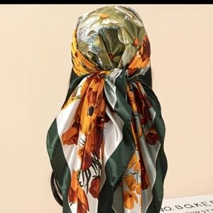 Silk Feel Lightweight Scarf | Soft Satin-Like Wrap | Green Orange | Boutique